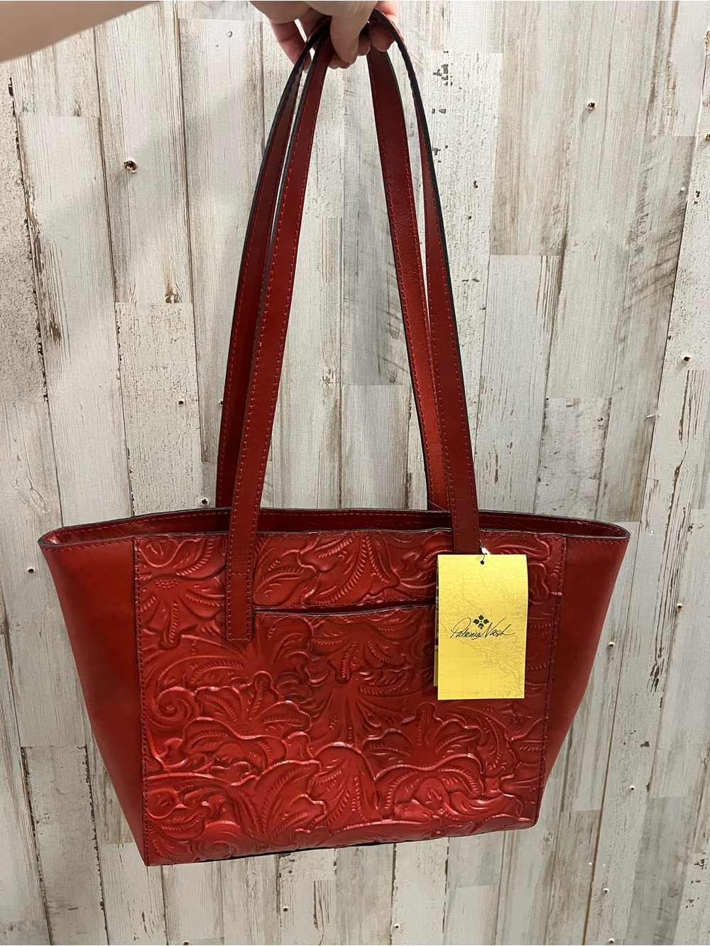 Patricia Nash Red Tooled Leather Tote Bag with Floral Embossing